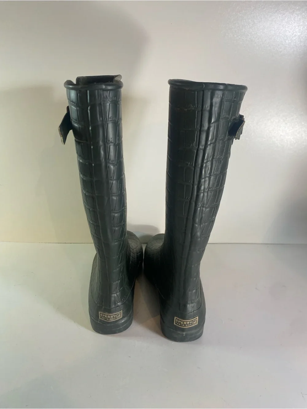 Sperry Top Sider Faux Crocodile Green Rubber Rain Boots Size 8